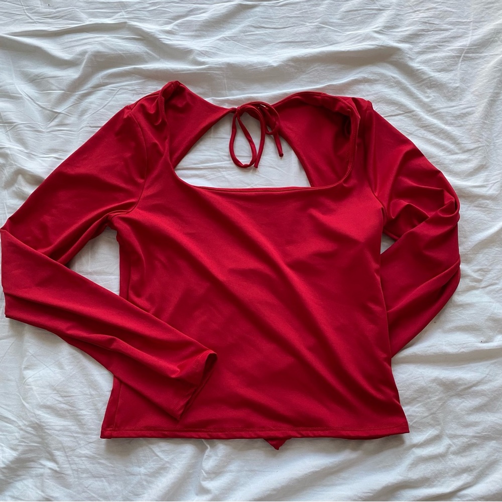 Women's Red Long-Sleeve Square Neck Top with Back Tie